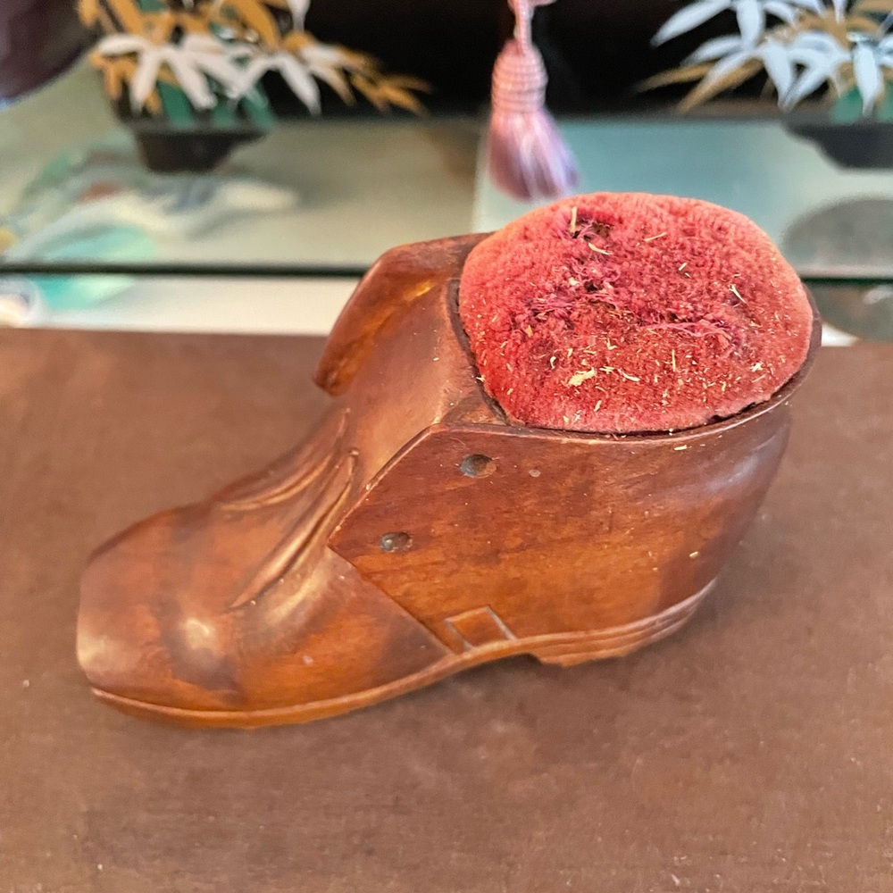 Antique Victorian folk art carved  Wooden Shoe boot sewing pin Cushion